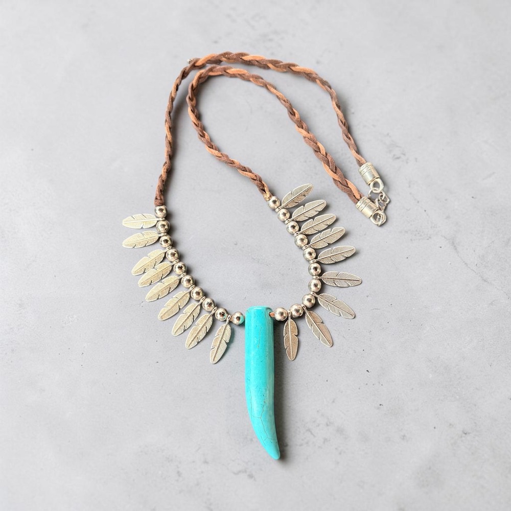 #J2 Turquoise Tribal Feather Claw Leather Rope Necklace Feathers Native American